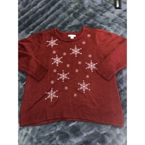 Croft&Barrow Sweater Womens XXL Dark Red Black Knit Snowflakes Embroidered